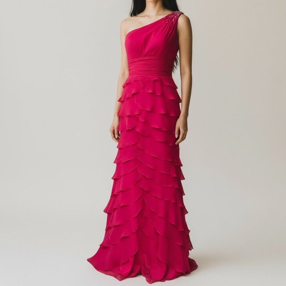 Kiera Couture Hot Pink One Shoulder Evening Gown Tiered Chiffon Ruffle Long 10